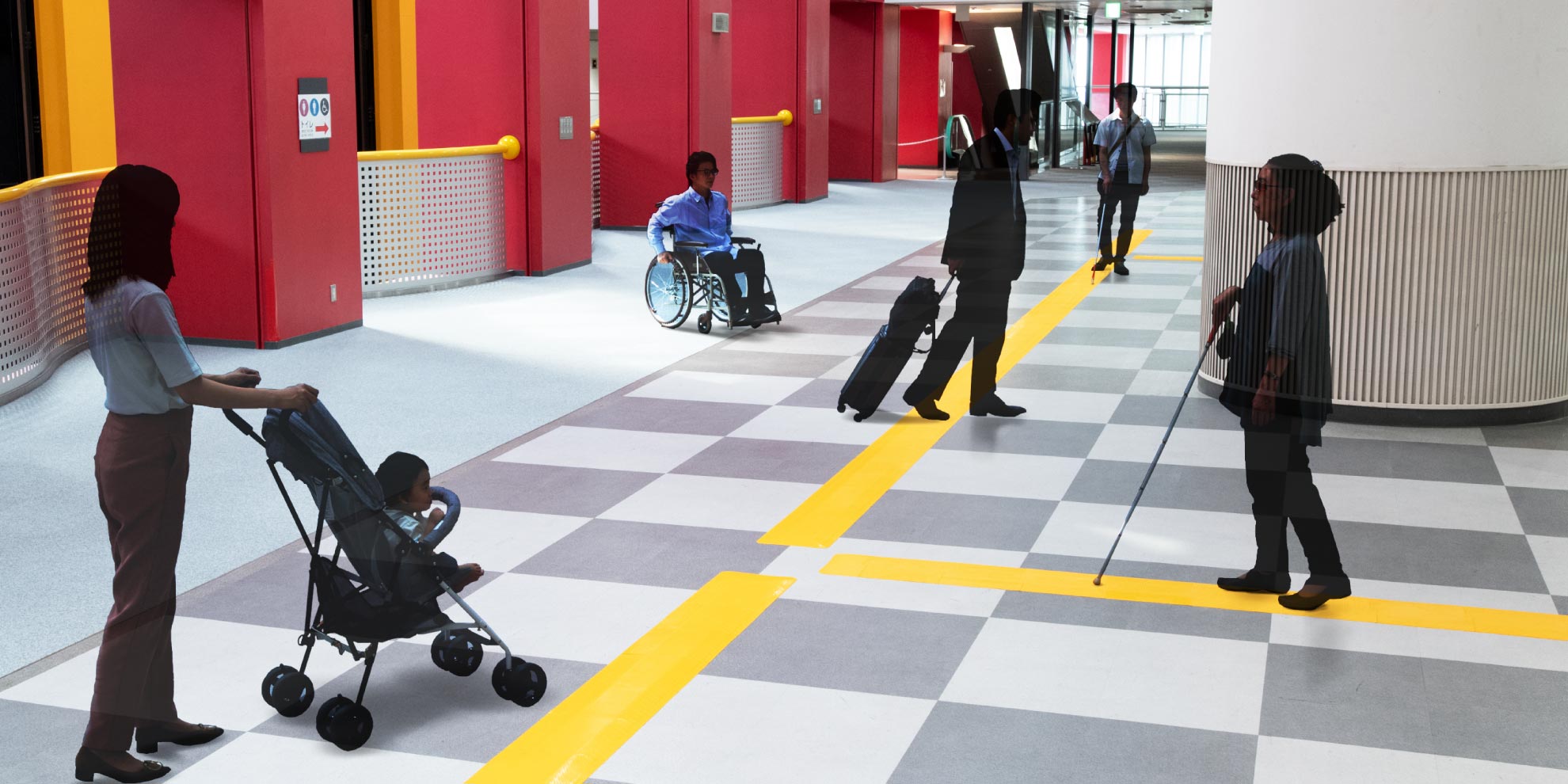 Image of a visually impaired person, a wheelchair user, a mother pushing a stroller, and a businessman with a suitcase sharing the same space.