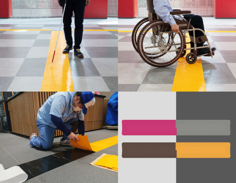 An image showing four features of the product. Visually impaired people can perceive. Does not interfere with wheelchair users. Easy to install. You can choose the color.